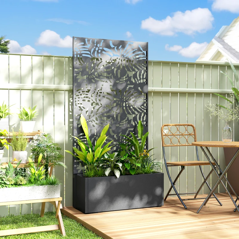 Outsunny Metal Planter Box with Trellis, 71" Tall Raised Garden Bed with Privacy Screen and Drainage Holes, Banana-Leaf Cut-Outs