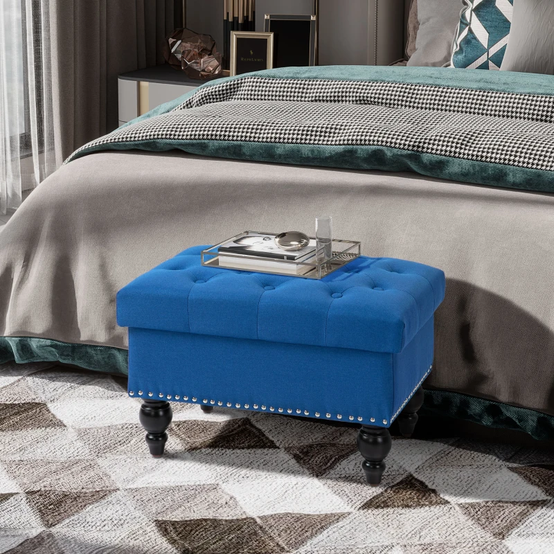 HOMCOM Ottoman with Storage for Living Room, 25" Storage Ottoman with Removable Lid, Button-Tufted Fabric Bench for Footrest and Seat with Wood Legs, Blue