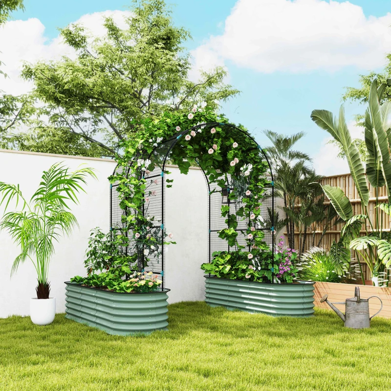 Outsunny Raised Garden Beds Set with Arch Trellis, Climbing Net, Galvanized Planter Box for Climbing Vegetables Flowers Herbs