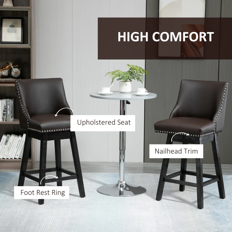 HOMCOM 28" Swivel Bar Height Bar Stools Set of 2, Armless PU Leather Upholstered Barstools Chairs with Nailhead Trim and Wood Legs, Brown