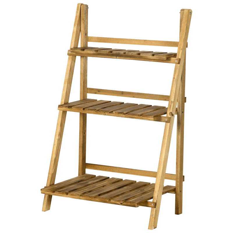 Outsunny 24'' Wooden Plant Stand, 3-Tier Foldable Flower Stand Ladder Display Plant Shelf，Slatted Bottom
