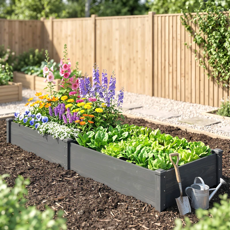 Outsunny 96" x 24" x 10" Wooden Raised Garden Bed with 2 Planter Boxes and Non-woven Fabric Liner for Patio, Gray