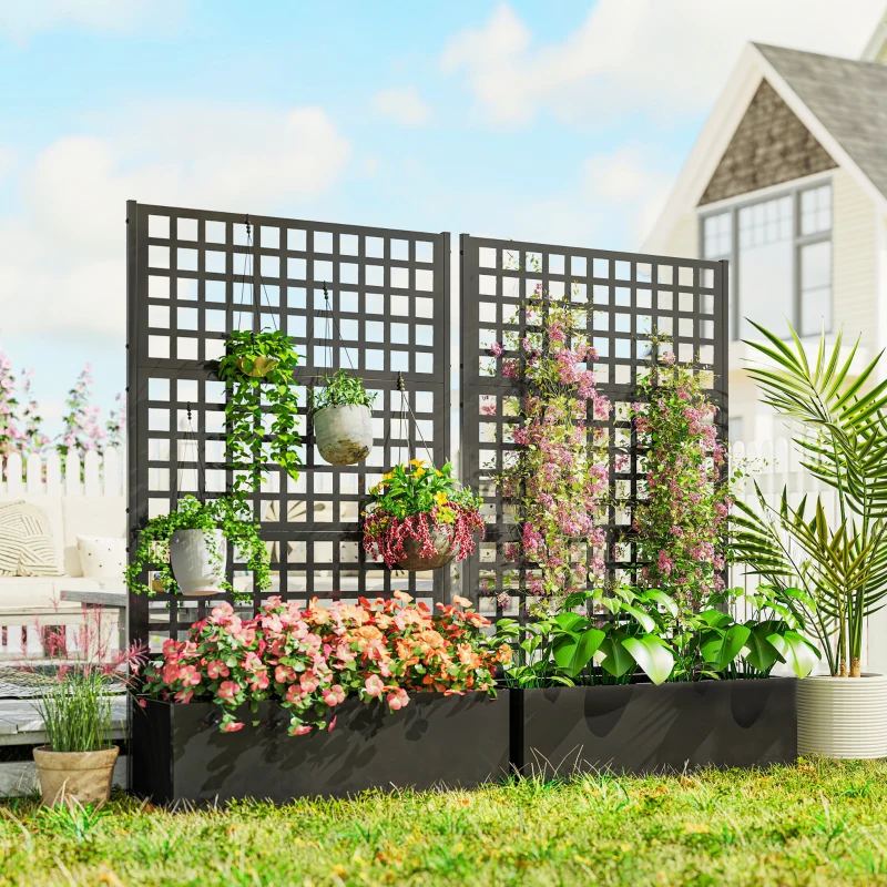 Outsunny Galvanized Raised Garden Bed Planter Box with Trellis for Climbing Plants, Vegetable, Vines, 43" x 16" x 70", Black
