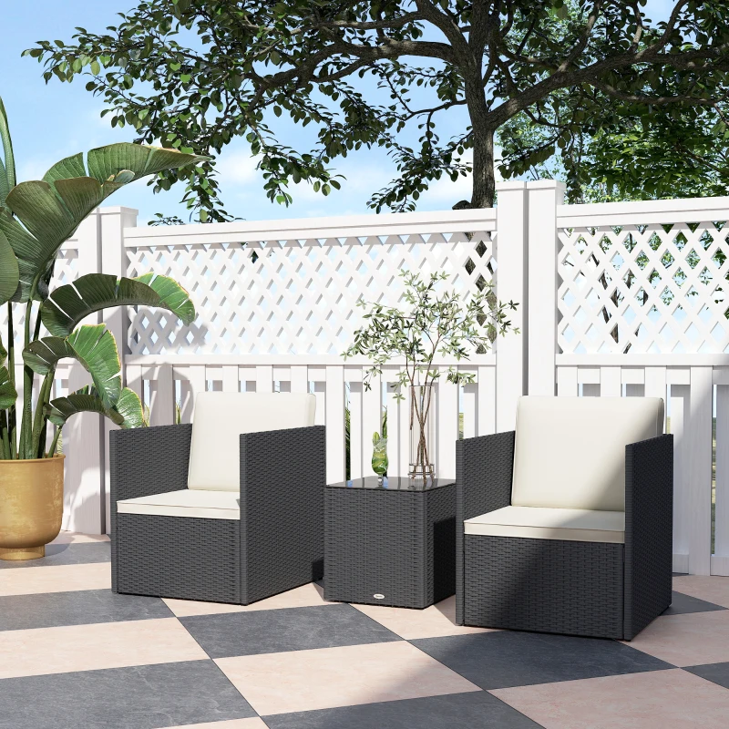 Outsunny Folding Wicker Bistro Set, 3 Piece Patio Furniture Set with Cushions and Glass Coffee Table for Porch, Balcony, Black