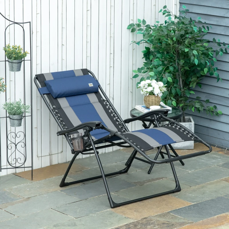 Outsunny XL Oversize Zero Gravity Recliner, Padded Patio Lounger Chair, Folding Chair with Adjustable Backrest, Cup Holder, and Headrest for Backyard, Poolside, Lawn, Striped, Blue