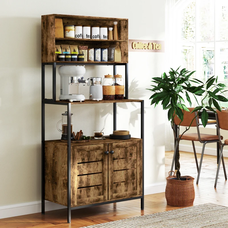 HOMCOM Baker's Rack with Power Outlet and Storage Shelves, Microwave Stand with Louvred Door Cabinets, Rustic Brown