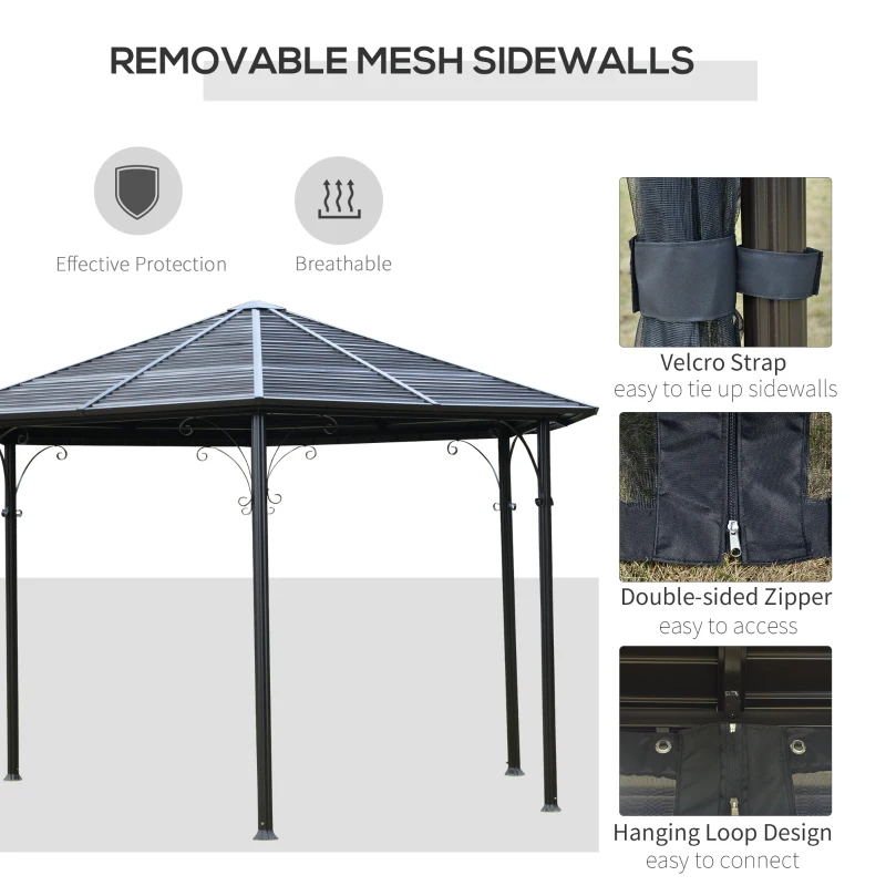 Outsunny 13' x 13' Hexagon Hardtop Gazebo Canopy with Galvanized Steel Roof, Aluminum Frame, Permanent Pavilion Outdoor Gazebo with Netting and Hook, for Patio, Garden, Backyard, Deck, Lawn