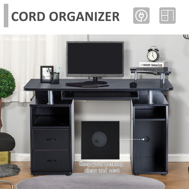 HOMCOM Multi-Function Computer Desk Home Office Workstation with Sliding Keyboard Tray, Elevated Shelf, Drawers and CPU Stand, Black
