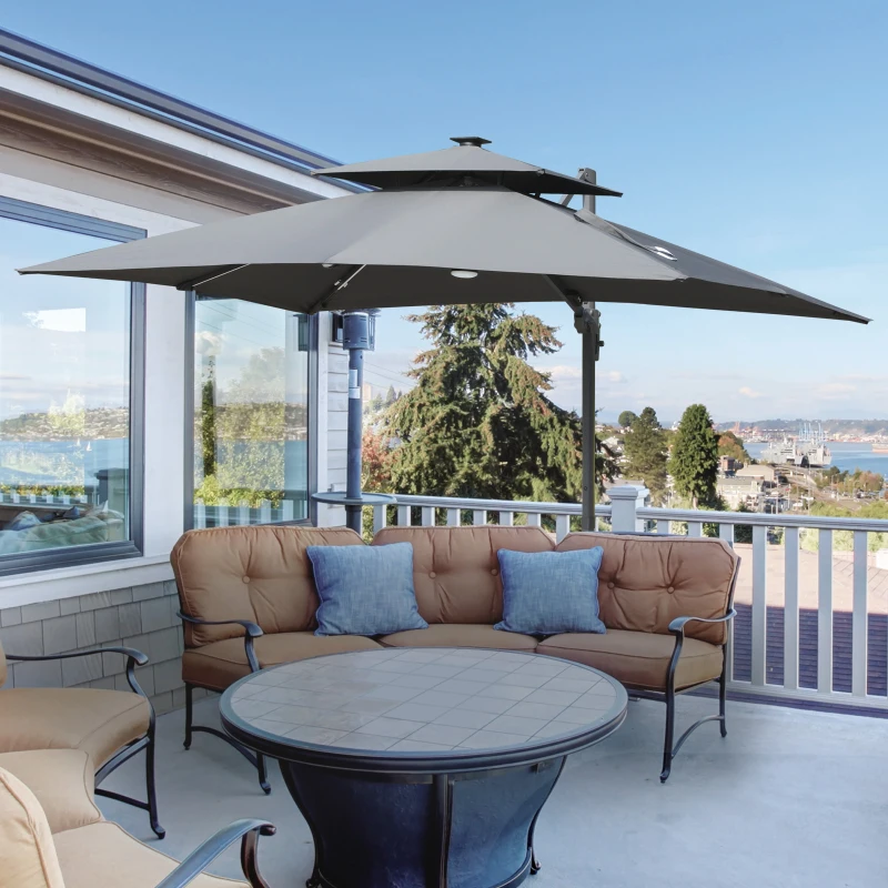 Outsunny 10FT Cantilever Patio Umbrella with Solar LED Lights & Power Bank, Double Top Outdoor Offset Umbrella with 360° Rotation, Tilt, Crank & Cross Base for Garden, Gray