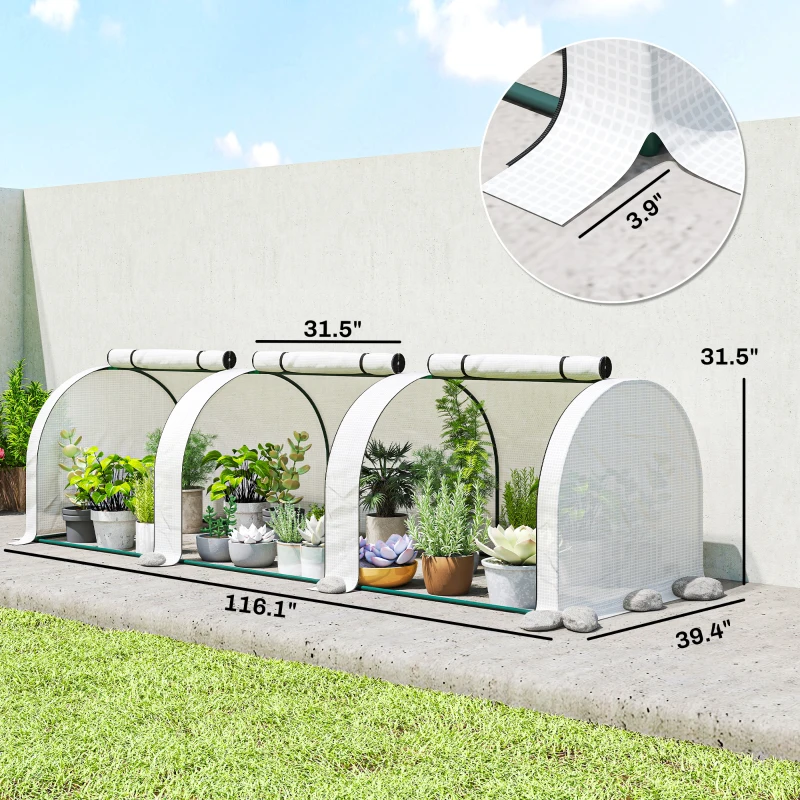 Outsunny 9.7' L x 3' W x 2.5' H Portable Tunneled Greenhouse with 3 Zippered Doors, Water/UV Fighting PE Cover, White