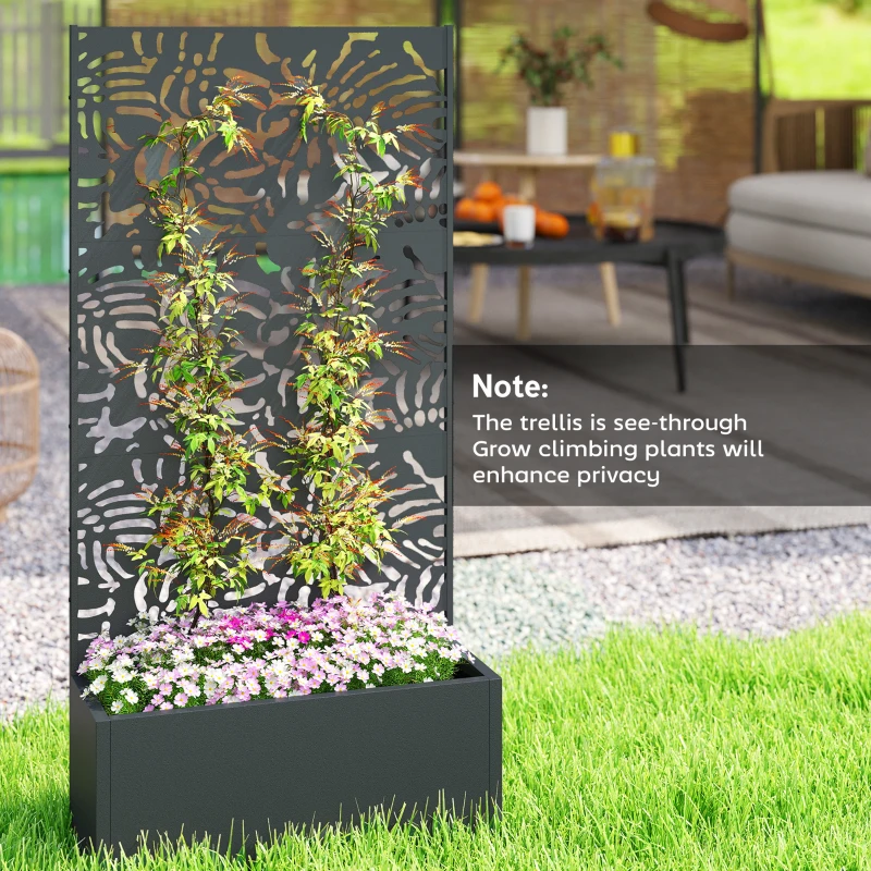 Outsunny Metal Planter Box with Trellis, 71" Tall Raised Garden Bed with Privacy Screen and Drainage Holes, Banana-Leaf Cut-Outs