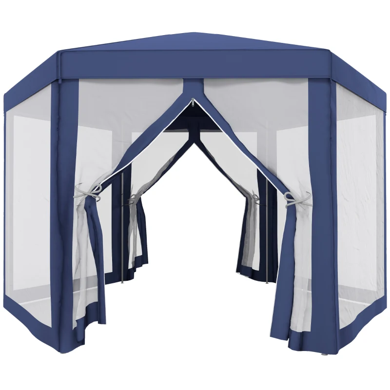 Outsunny 13' x 11' Hexagon Outdoor Party Tent Sun Shelter Canopy with Protective Mesh Screen Walls, Blue