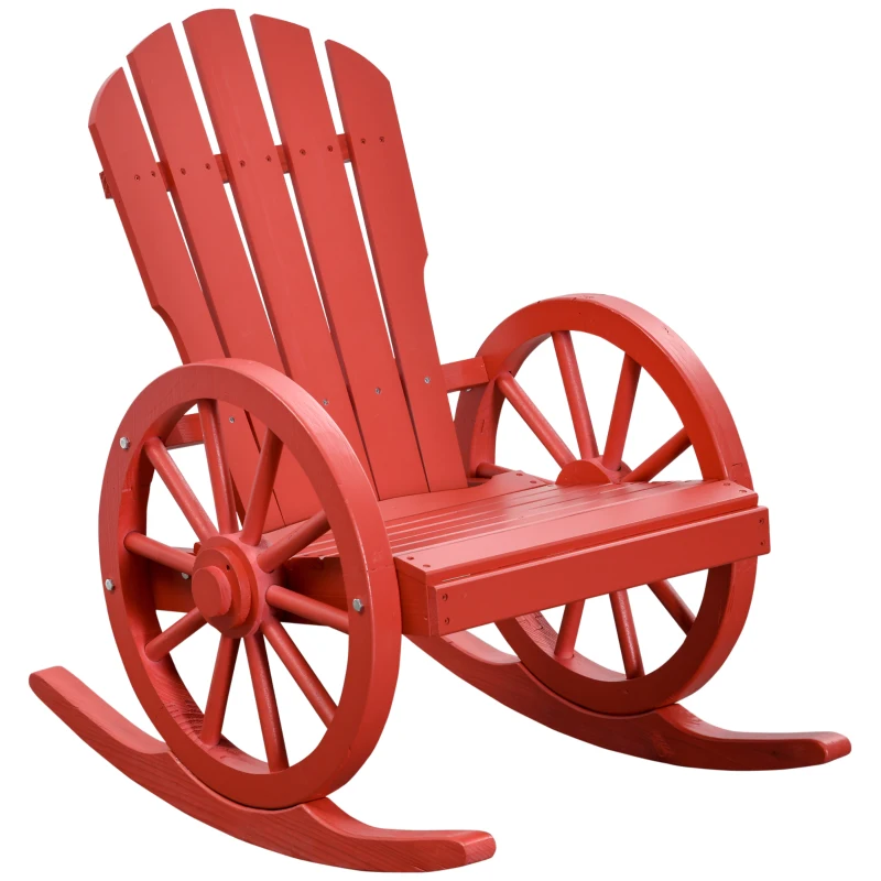 Outsunny Wooden Rocking Chair, Adirondack Rocker Chair w/Slatted Design and Oversized Back, Outdoor Rocking Chair with Wagon Wheel Armrest for Porch, Poolside, and Garden, Red