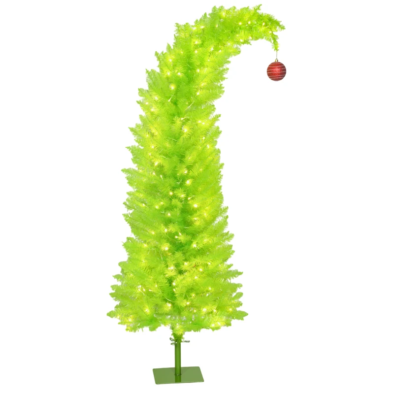 HOMCOM 5 ft Whimsical Christmas Tree, Pencil Xmas Tree with Red Ball, Metal Base, Prelit with 200 LED Lights