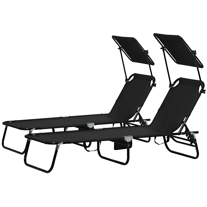 Outsunny Chaise Pool Lounge Chairs Set of 2, Outdoor Sun Tanning Chairs, Reclining Back, Steel Frame and Side Pocket, Black