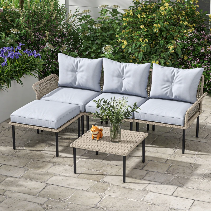 Outsunny 5-Piece Rattan Patio Furniture Set with Sofa, Chaise Lounge, Coffee Table, Footstools, Cushions, Light Gray
