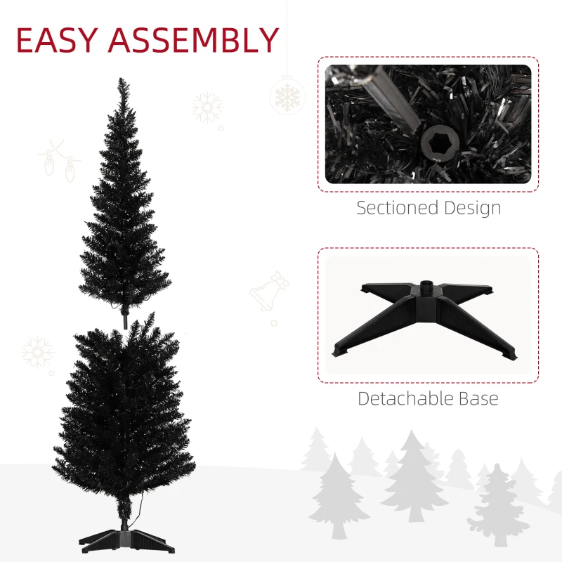 HOMCOM 5ft Pencil Christmas Tree, Slim Artificial Christmas Tree with Realistic Branches and Warm White LED Lights, Black