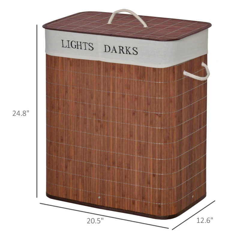 HOMCOM Bamboo Laundry Basket with Lid and String Handles, Collapsible Laundry Hamper with 2 Removable Bags, Brown