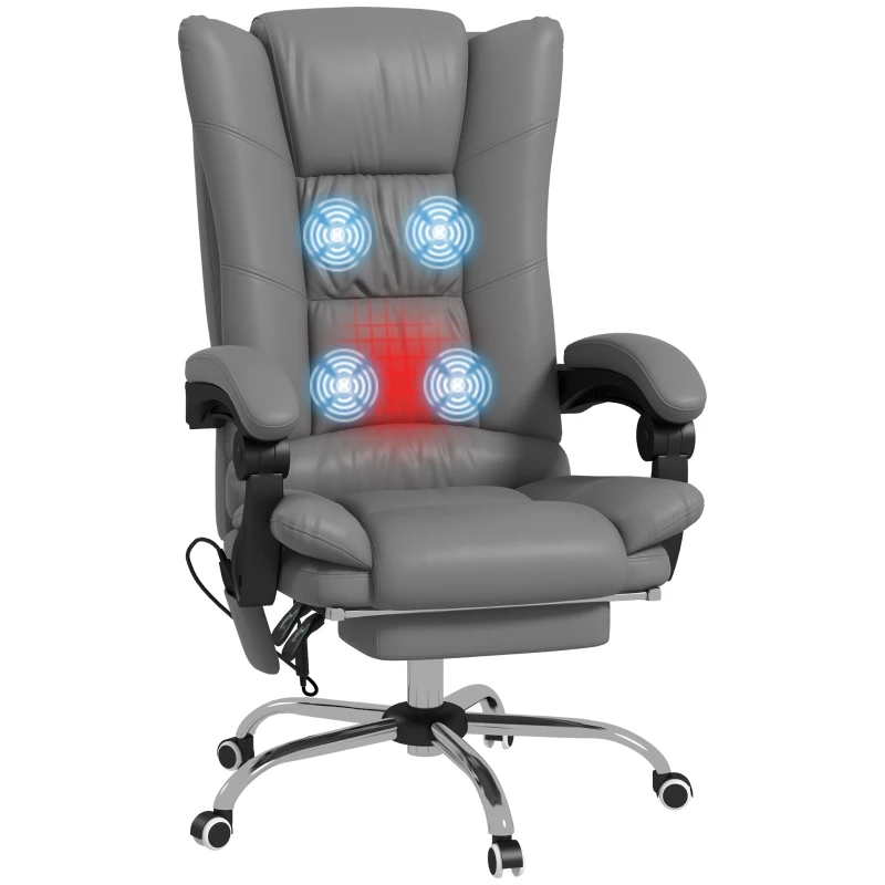 Vinsetto PU Leather Executive Massage Office Chair with 4 Vibration, Computer Desk Chair, Heated Reclining Chair with Adjustable Height, Swivel Wheels, Gray