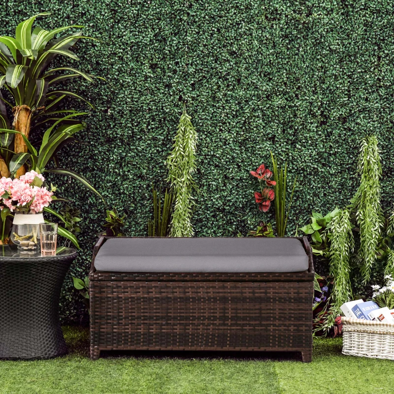 Outsunny 38 Gallon Outdoor Wicker Storage Bench Deck Box, PE Rattan Patio Furniture Pool Storage Bin Container with Interior Waterproof Cloth Bag and Comfortable Cushion, Cream White