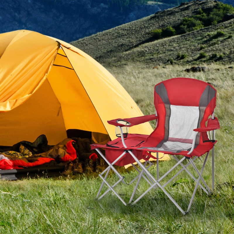 Outsunny Folding Camping Chair with Portable Insulation Table Bag, Two Cup Holders for Beach, Ice Fishing and Picnic, Red