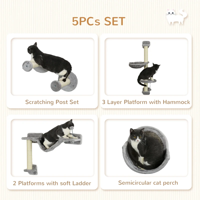 PawHut 5pc Cat Wall Shelves with Hammock, Perches, Ladder, Scratching Post