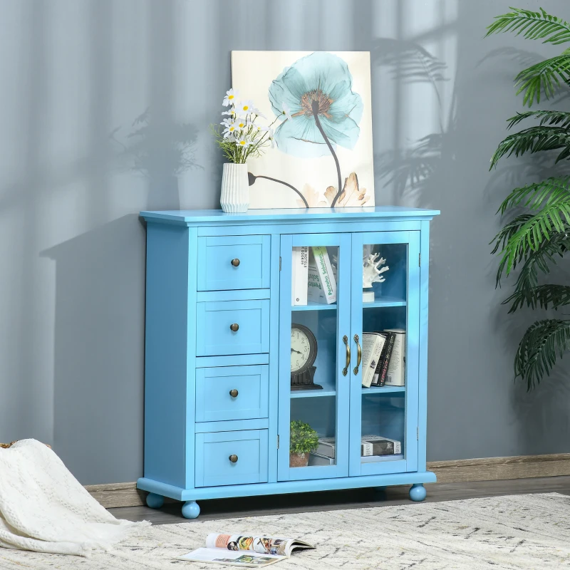 HOMCOM Storage Sideboard Cabinet with 4 Drawers and Glass Door Cupboard, Console Table for Living Room, Kitchen