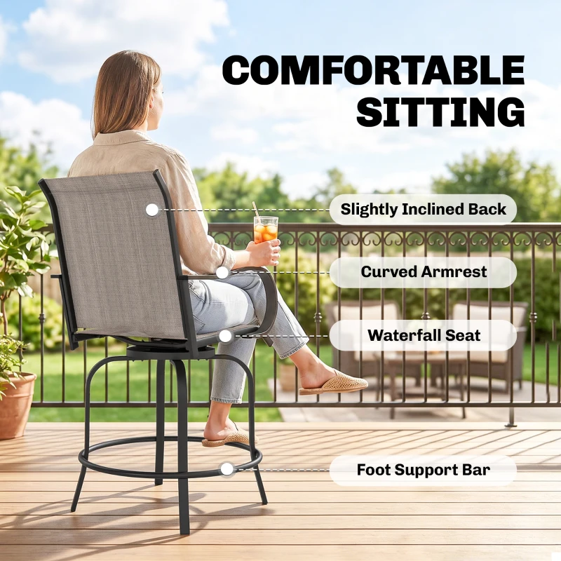 Outsunny Outdoor Bar Stools Set of 2, 360° Swivel Bar Height Chairs, 26.75" x 29.5" x 48.5", Tan