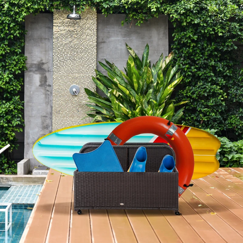 Outsunny Wicker Patio Pool Float Storage Basket, PE Rattan Outdoor Pool Caddy with Rolling Wheels for Floaties, Noodles, Life Vests, Beach Balls, Garden Furniture, Mixed Brown