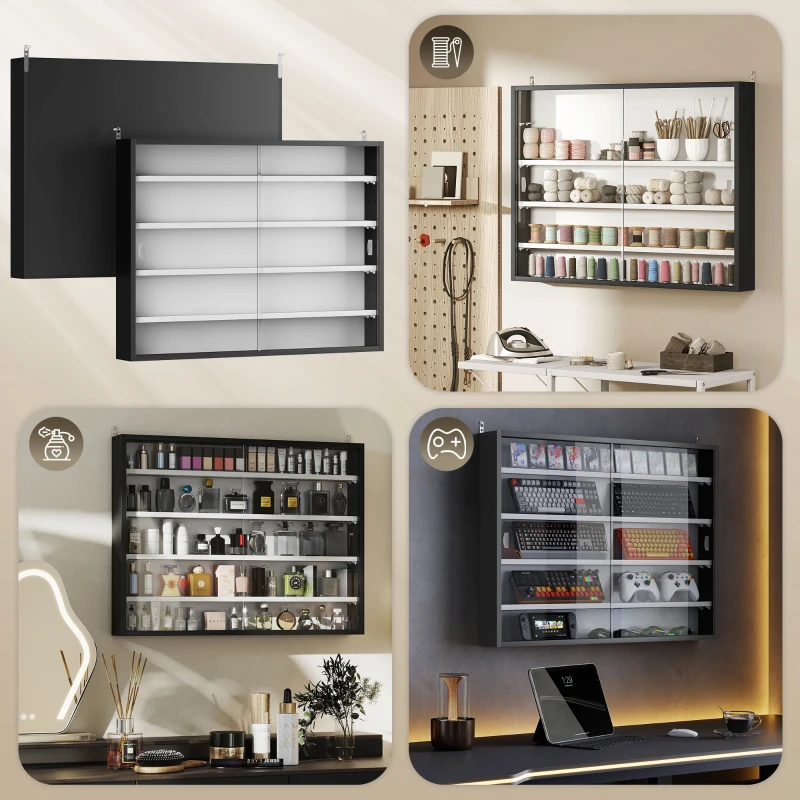 HOMCOM 5-Tier Display Cabinet, Wall-Mounted Display Case with 2 Glass Doors and Adjustable Shelves, Black