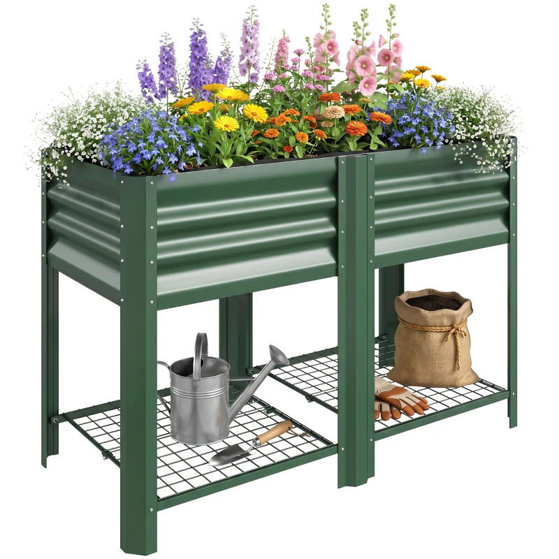 Outsunny Raised Garden Bed Galvanized Steel, Elevated Planter Box with Storage Shelf, Bed Liner, 31.5" High, Green