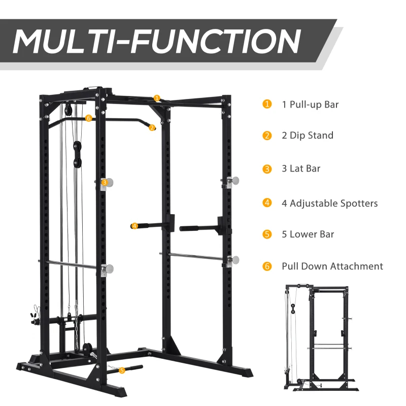 Soozier Multi-Functional Power Tower Dip Station Pull Up Bar Lat Pull Down Machine, Power Cage Fitness Equipment for Home Gym, Weightlifting Barbell Squat Rack, Dip Workout Station