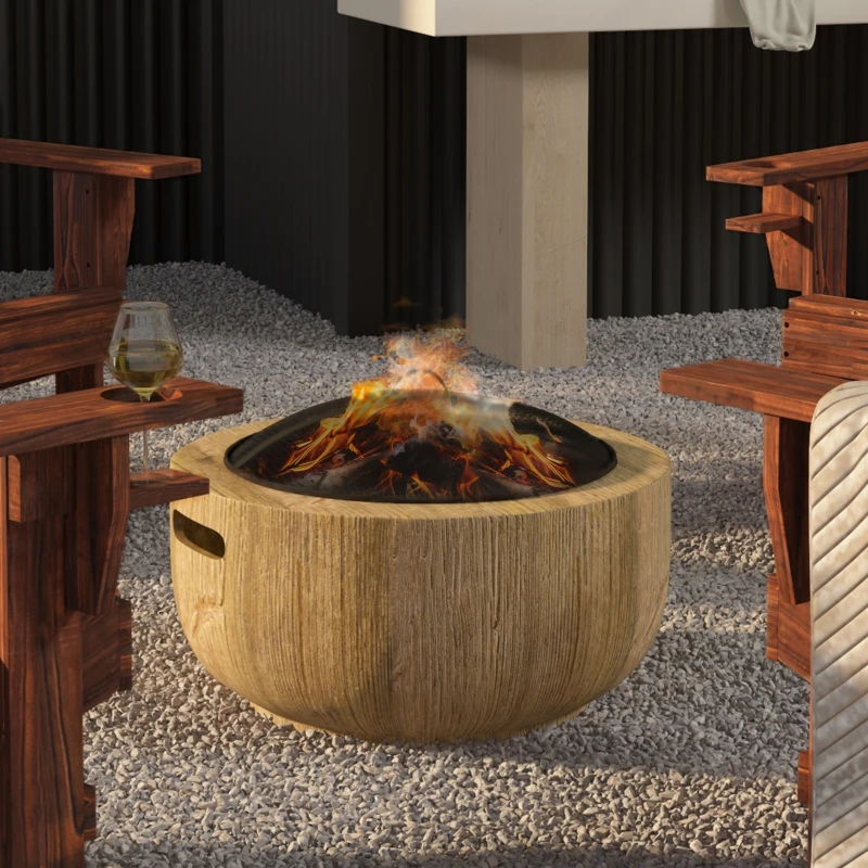 Outsunny Outdoor Fire Pit, 24 Inch Metal Wood Burning Fireplace with Spark Cover, Poker, Woodgrain Design, Light Brown