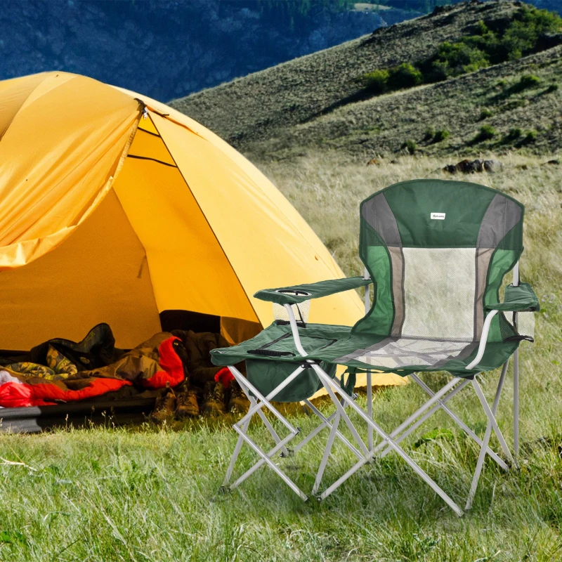 Outsunny Folding Camping Chair with Portable Insulation Table Bag, Two Cup Holders for Beach, Ice Fishing and Picnic, Green