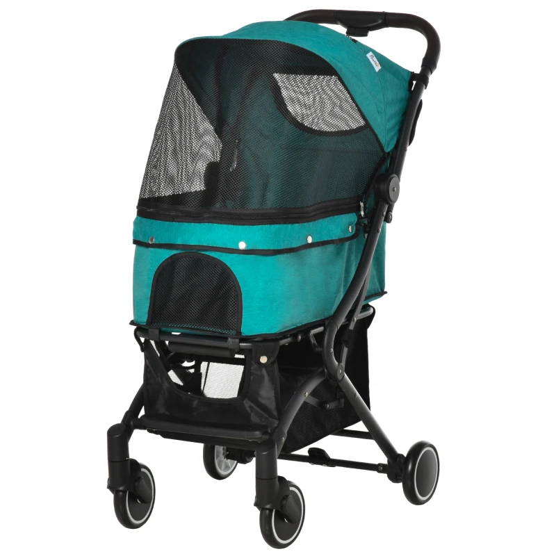 PawHut Travel Pet Stroller for Dogs, Cats, One-Click Fold Jogger Pushchair with Aluminum Frame, EVA Wheels, Brakes, Basket Storage, Safety Belts, Adjustable Canopy, Zippered Mesh Window Door, Blue