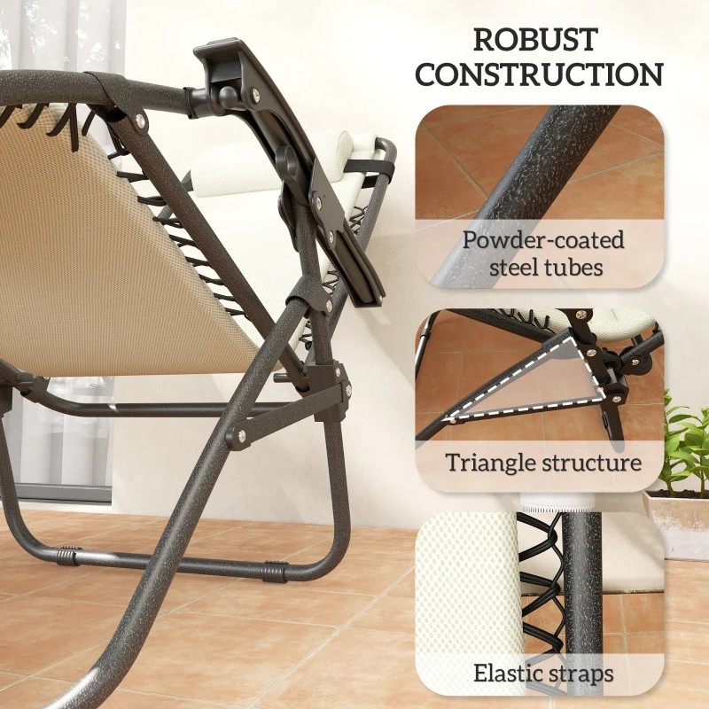 Outsunny Zero Gravity Lounge Chair Set, 2 Pieces Reclining Folding Outdoor Lounge Chairs with Headrest Side Tray, Cream
