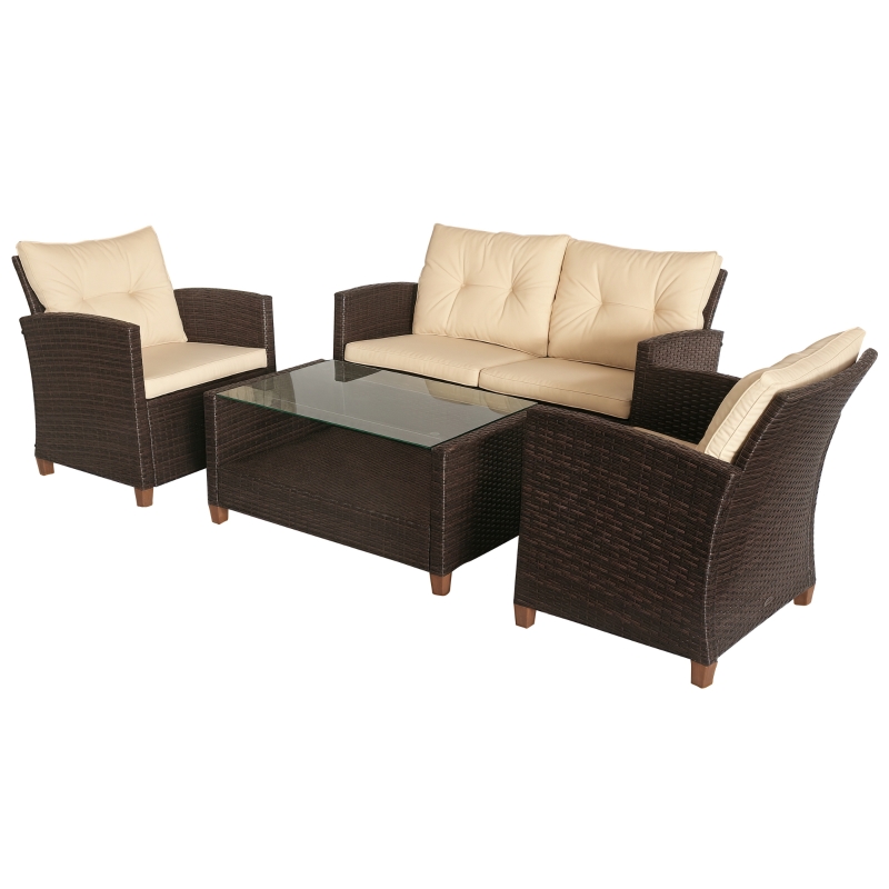 Outsunny 4 Pieces Patio Furniture Sets with Cushions, PE Rattan Wicker Conversation Chairs with Two-Tier Coffee Table for Backyard Porch Garden Poolside and Deck, Beige
