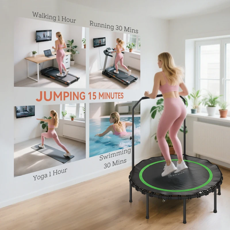 Soozier 48" Rebounder Trampoline for Adults, Foldable Mini Trampoline with Adjustable Handle Bar for Indoor Outdoor, Green