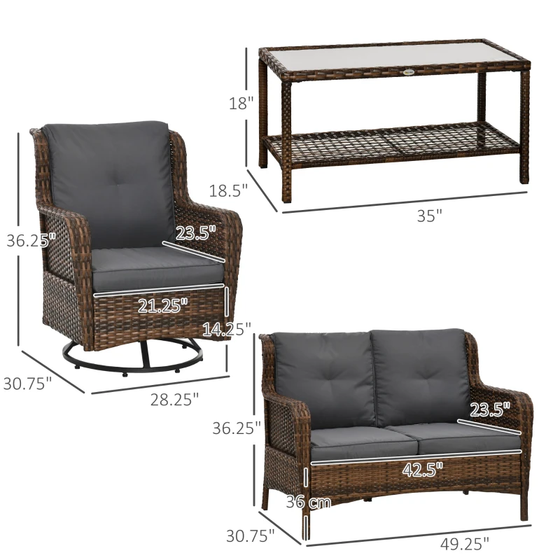 Outsunny 4 Piece PE Rattan Outdoor Patio Furniture Set, Wicker Conversation Set with 2 Swivel Glider Chairs, 2-Tier Glass Table and Loveseat for Garden, Patio, Poolside, Gray