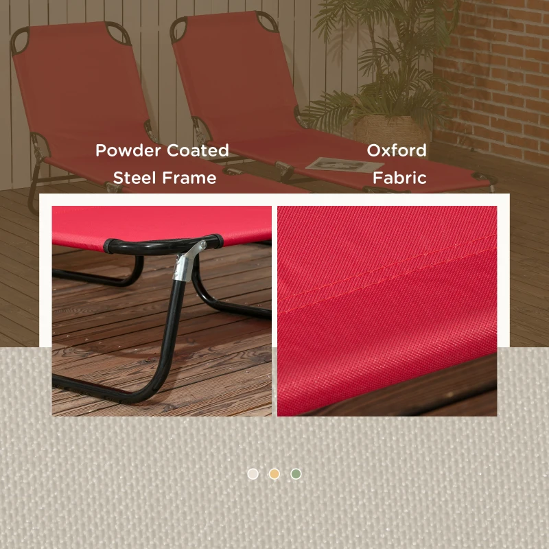 Outsunny 2 Piece Folding Chaise Lounge Pool Chairs, Outdoor Sun Tanning Chairs with 5-Level Reclining Back, Steel Frame, Red