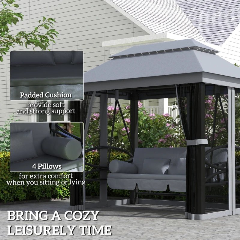 Outsunny 3-Seat Patio Swing Chair, Outdoor Gazebo Swing with Double Tier Canopy, Mesh Sidewalls, Cushioned Seat and Pillows, Gray