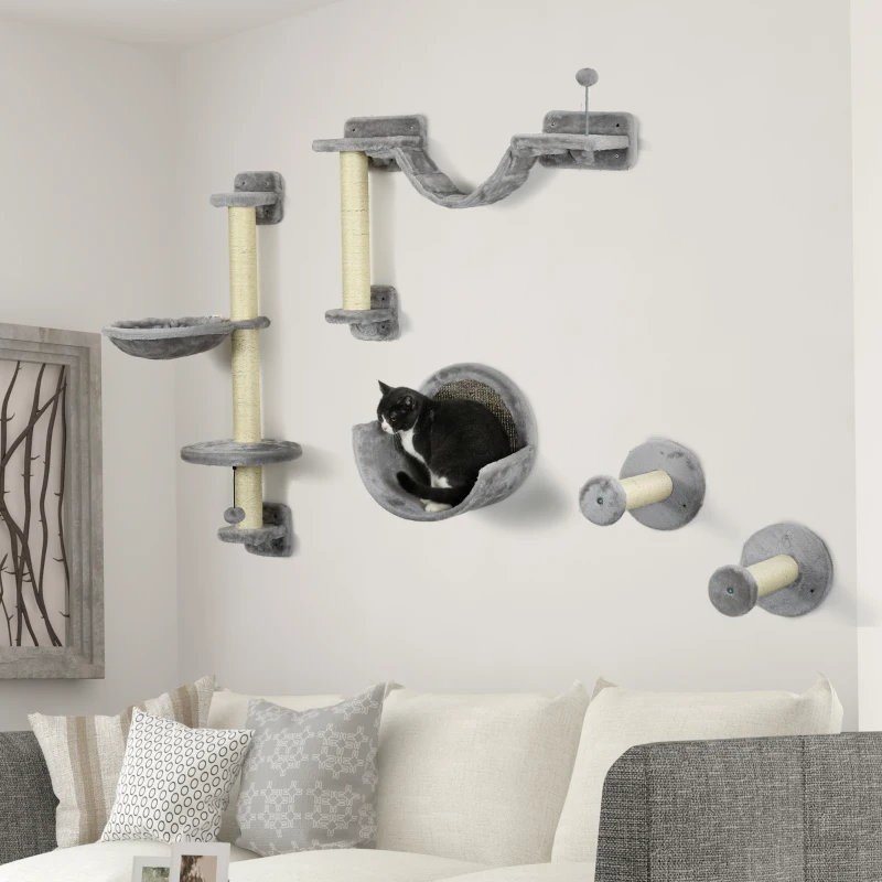 PawHut 5pc Cat Wall Shelves with Hammock, Perches, Ladder, Scratching Post