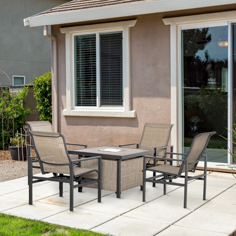 Outsunny 5 Piece Garden Patio Dining Set, Dinner Table with Built-in Ice Bucket Insert, 4 Rocking Chairs, Beige
