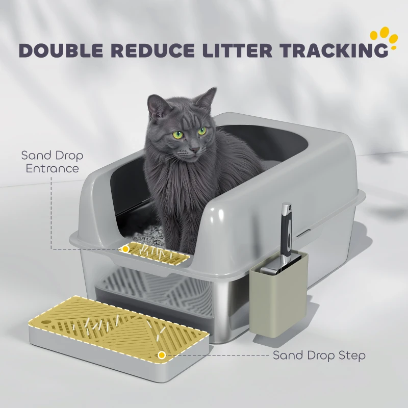 2 Pack High Sided Stainless Steel Litter Box with Metal Scoop & Scoop Holder, for Anti-Urine Leakage, Light Gray