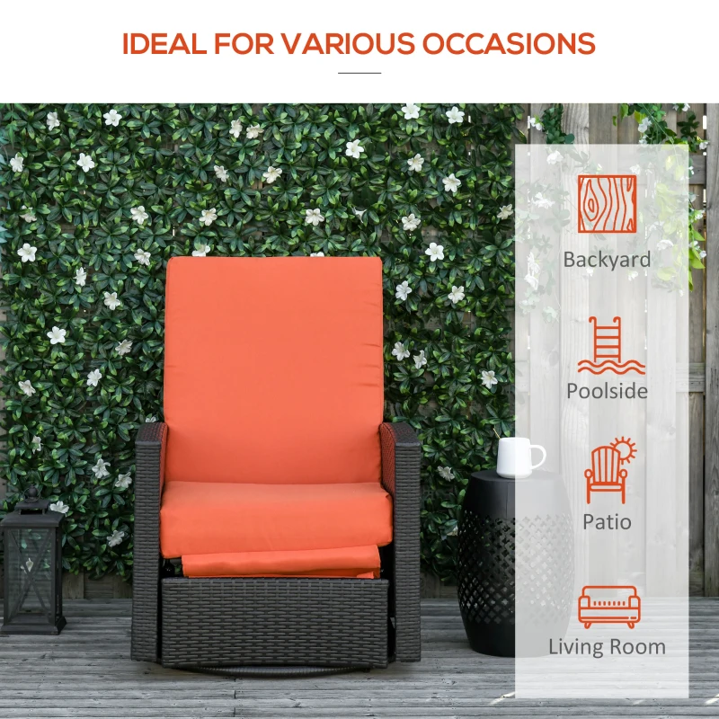Outsunny Outdoor Wicker Swivel Recliner Chair, Reclining Backrest, Lifting Footrest, 360° Rotating Basic, Water Resistant Cushions for Patio, Orange