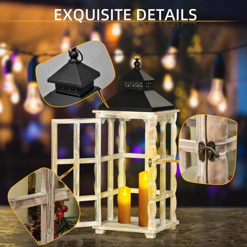 HOMCOM 2 Pack 31"/21" Large Rustic Lantern Decorations, Hanging Wooden Metal Indoor Covered Outdoor Lantern