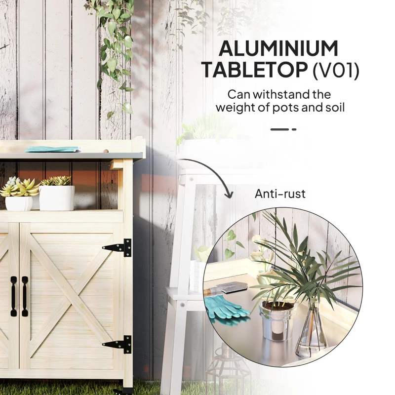 Outsunny Outdoor Wooden Potting Bench with Storage Cabinet, Aluminum Tabletop, Rubber Wheels for Backyard, Patio, Natural Wood