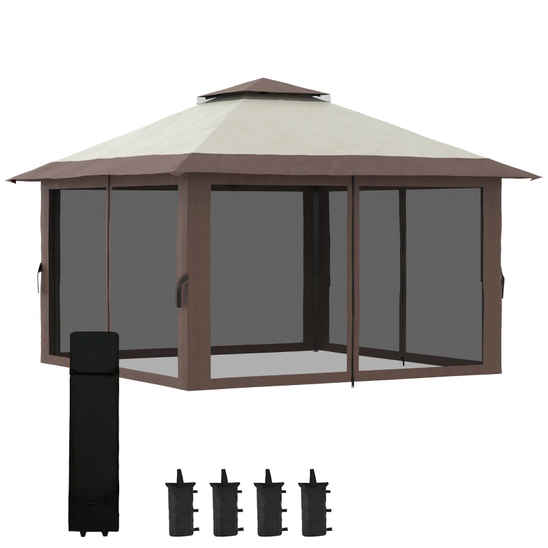 Outsunny 13' x 13' Pop Up Gazebo Instant Canopy Tent Shelter with 2-Tier Roof, Carry Bag, Wight Bags for Outdoor, Garden, Beige