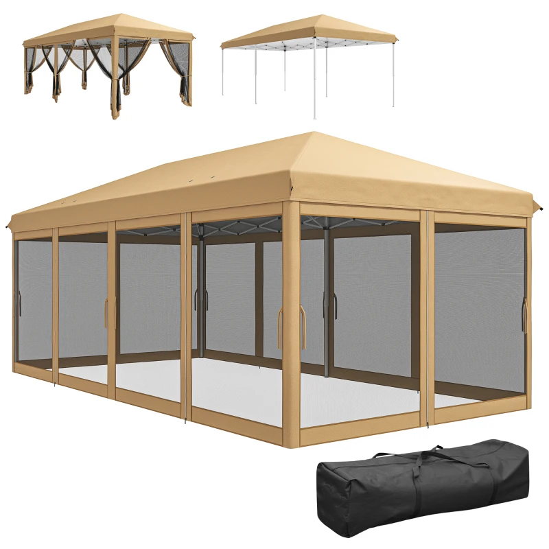 Outsunny 10' x 20' Pop Up Canopy Tent with Netting, Heavy Duty Instant Sun Shelter, Large Tents for Parties with Carry Bag, Beige