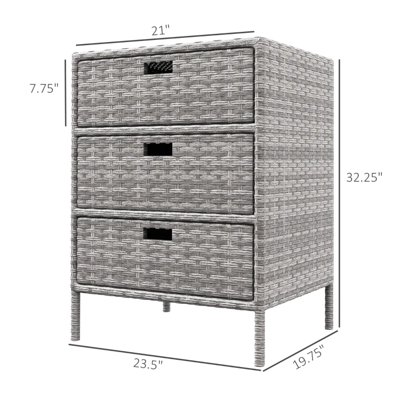 Outsunny Patio PE Rattan Storage Cabinet, Wicker Pool Cabinet Organizer, Outdoor Towel Rack for Pool with 3 Drawers, Gray